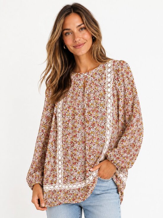 Lands' End Tops - Lands' End Women's Cotton Tunic Top Ditsy Floral Long Sleeve w/ Lace Detail 2X